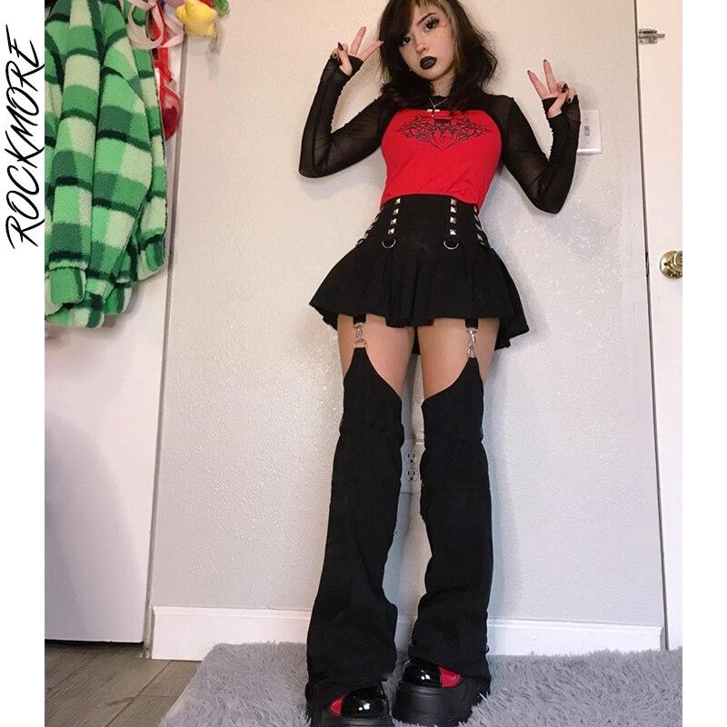 Rockmore Rivet Pleated Jeans Women Gothic Cargo Pants Punk High Waist Removable Buckle Cutout Trousers Dark Academic Grunge