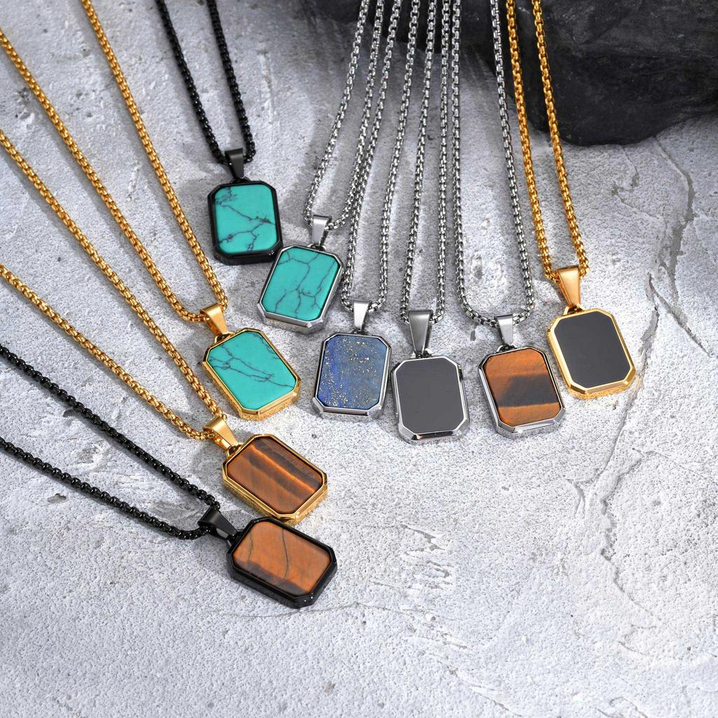 Stainless Steel Rectangle Natural Stone Pendant Necklaces, Minimalist Dainty Chain Necklace, Luxury Fashion Jewelry For Men Gift