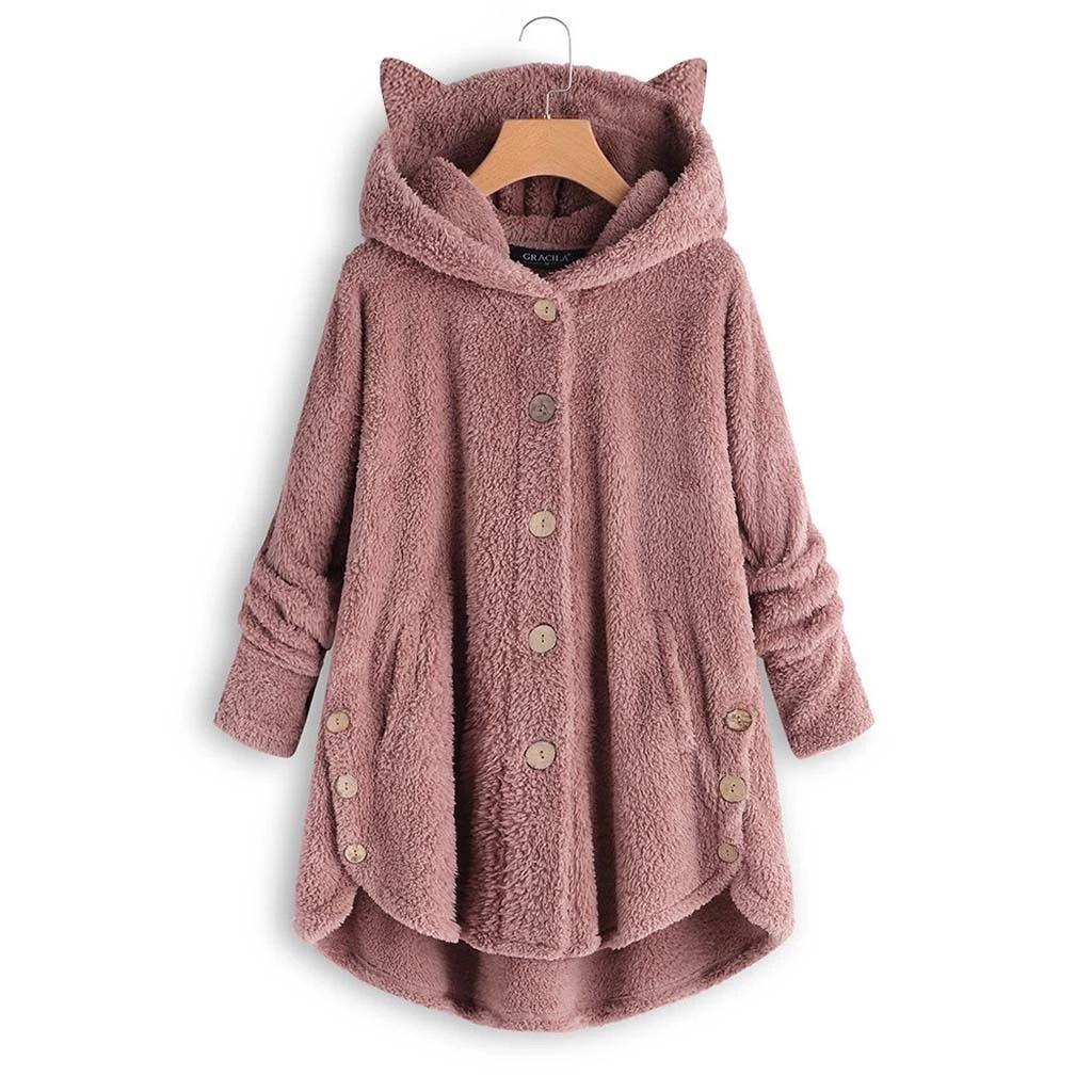 Amazon 2025 Autumn and Winter European and American Buttons Hooded Cat Ears Plush Top Irregular Trendy Brand Solid Color Coat Women