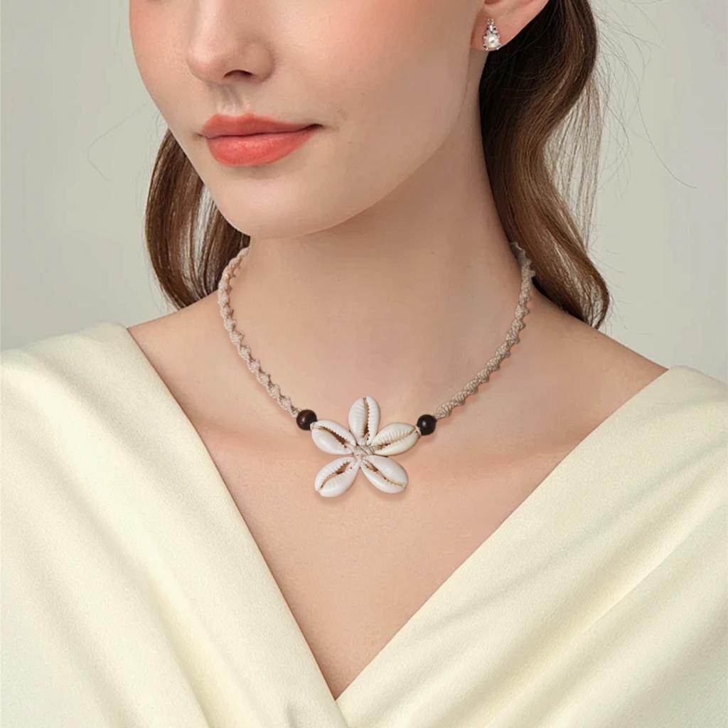 Bohemian style shell woven flower pendant with adjustable beach necklace