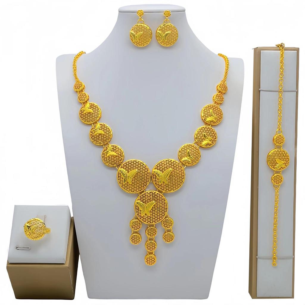 4 Τεμάχια Χρυσό Χρώμα Ινδικό Νυφικό Σετ Κοσμημάτων από Κράμα Ντουμπάι Κολιέ Σκουλαρίκια Για Γυναίκες Γάμο 24 καρατίων Επιχρυσωμένο Αφρικανικά Κοσμήματα Νύφη