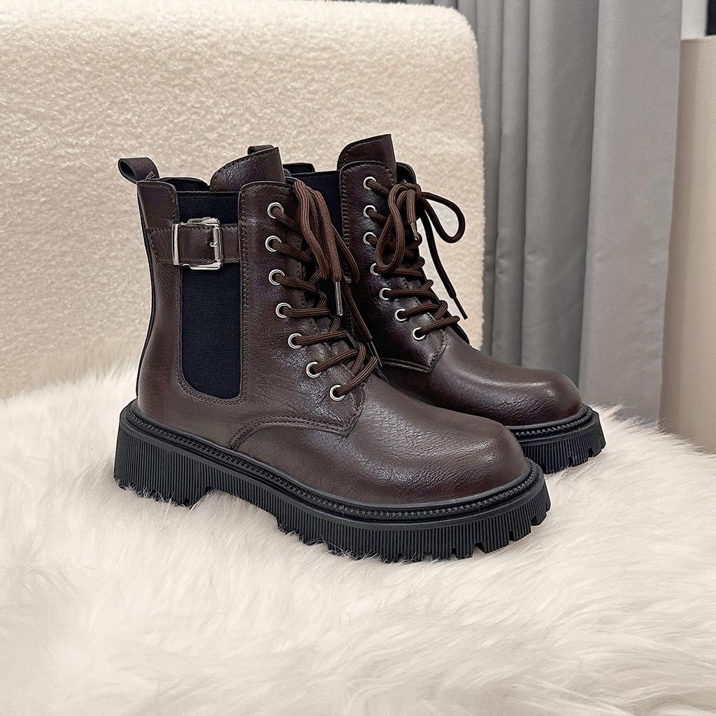 Autumn and winter leather boots women's Martin boots thick heel student boots British style thick sole heightening short boots women's shoes