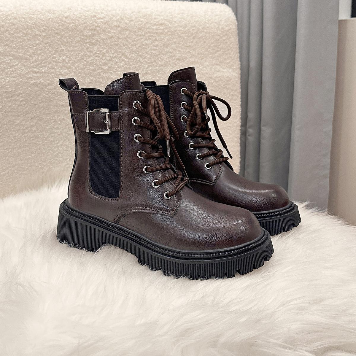 

Осенне-зимние кожаные ботинки женские ботинки Мартин толстый каблук студенческие ботинки британский стиль толстая подошва увеличивающие рост короткие ботинки женская обувь 42