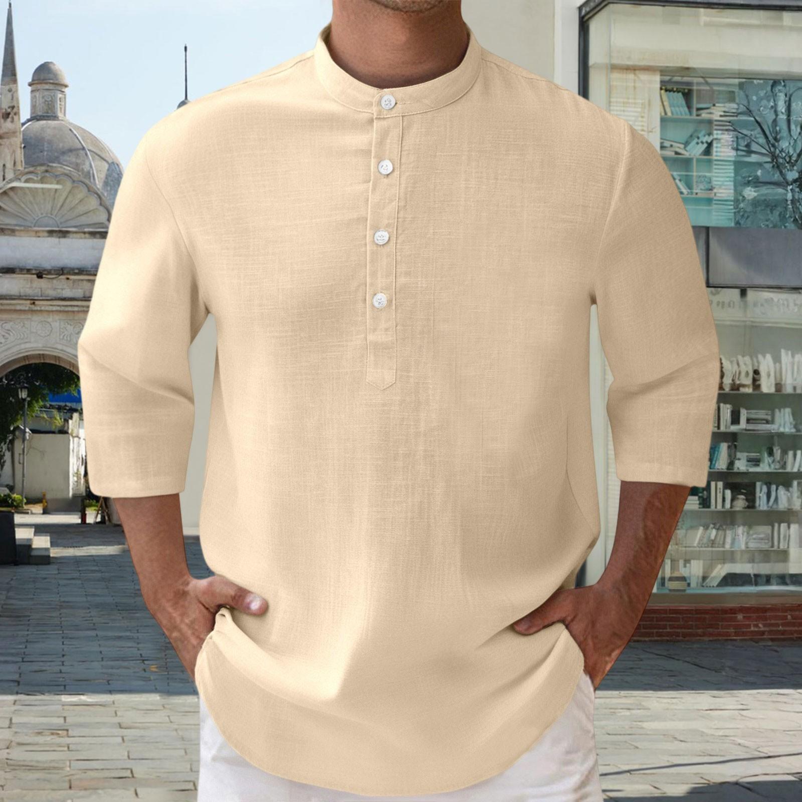 

Men s Linen 3/4-Sleeve Shirt - Buttoned Stand Collar Loose-Fit Casual Top XL хаки