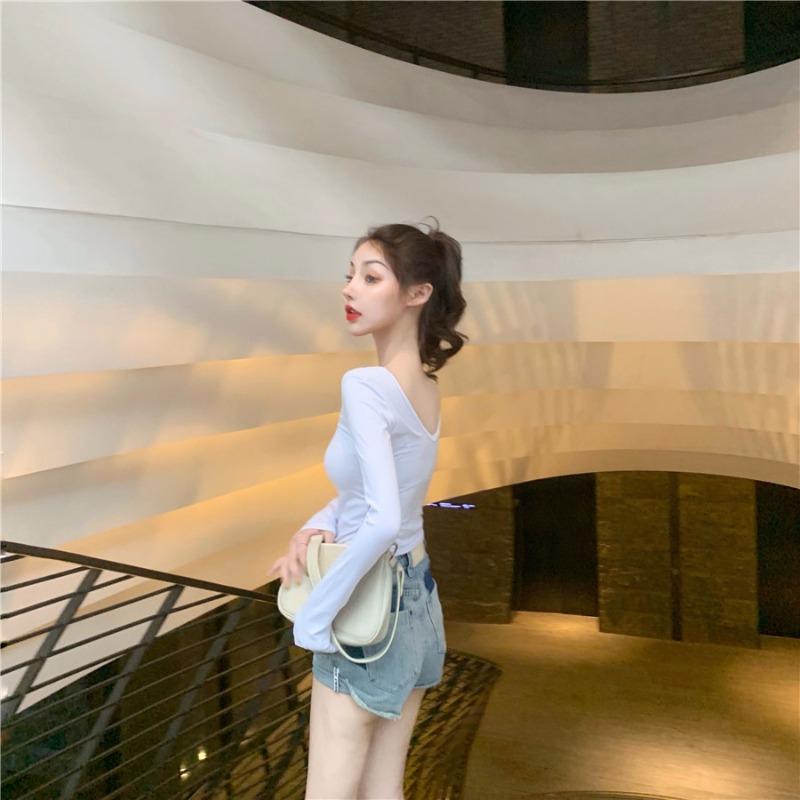 Autumn New Sexy Halter Long Sleeve T-shirt Women All Design Sense U Collar Solid Color Top Spice Girl Base Shirt