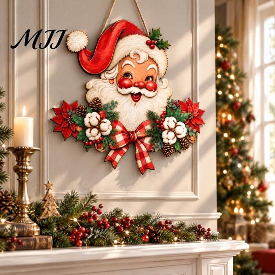 Retro Style Wooden Sign Christmas Door Hanger, Santa Claus Front Wall Plaque, Holiday Seasonal Decor for Entryway Mantel Corridor Decor,