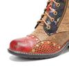 Johnature Echtes Leder Schuhe Damen Stiefel Runde Zehen Retro Handgemacht Reißverschluss Freizeit Nähen Prägnante Knöchel Plateaustiefel
