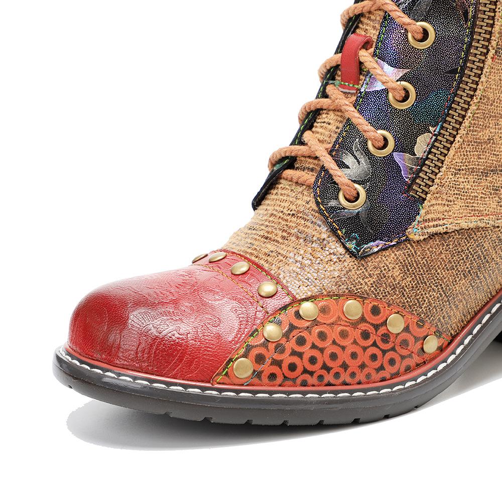 Johnature Echtes Leder Schuhe Damen Stiefel Runde Zehen Retro Handgemacht Reißverschluss Freizeit Nähen Prägnante Knöchel Plateaustiefel