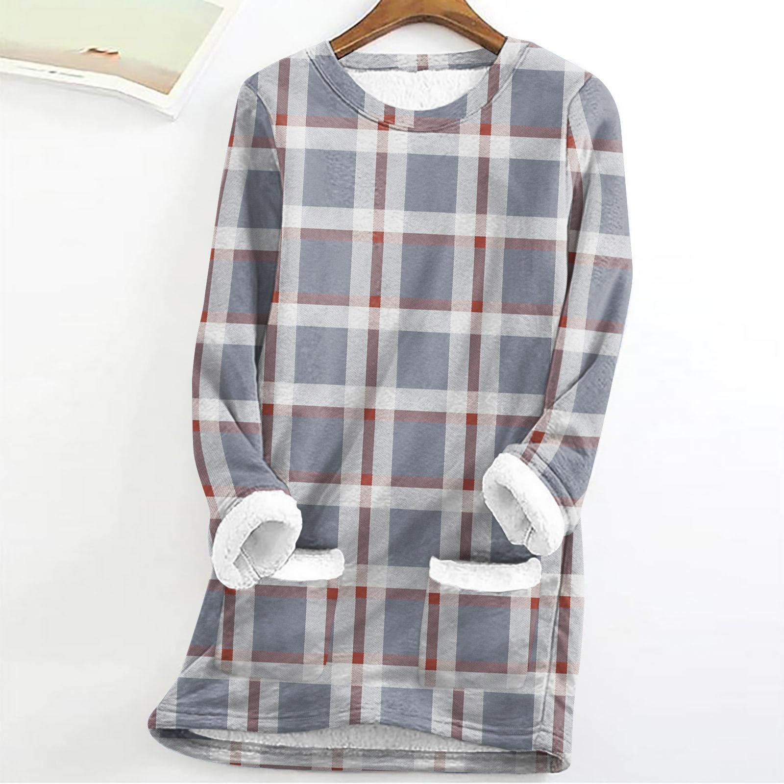 

Женский модный пуловер с круглым вырезом, длинными рукавами и плюшевой подкладкой, теплый, зимний, с принтом в клетку L