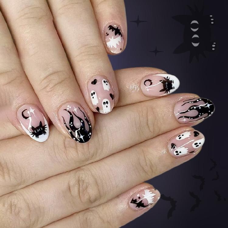 Halloween Press On Nail,Almond French Tips Fake Nail Acrylic Nail with Flower Bat Designs Stick On Nail for Womens