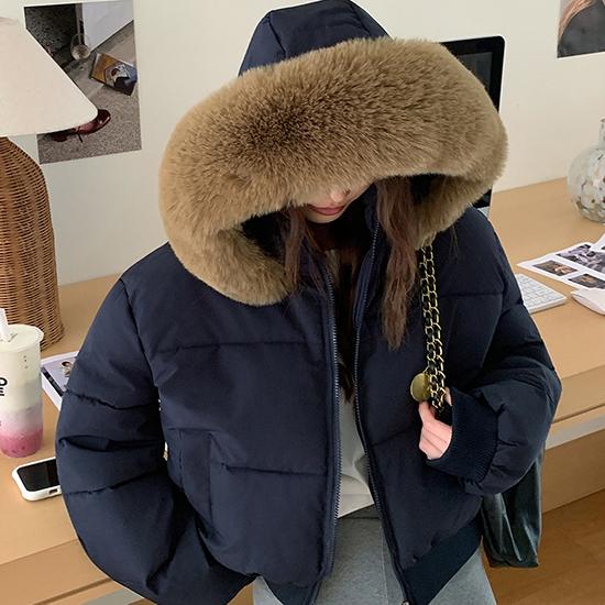 Autumn and Winter Hooded Fur Collar Women's Casual Cotton Jacket, Thick and Warm Short Bread Jacket