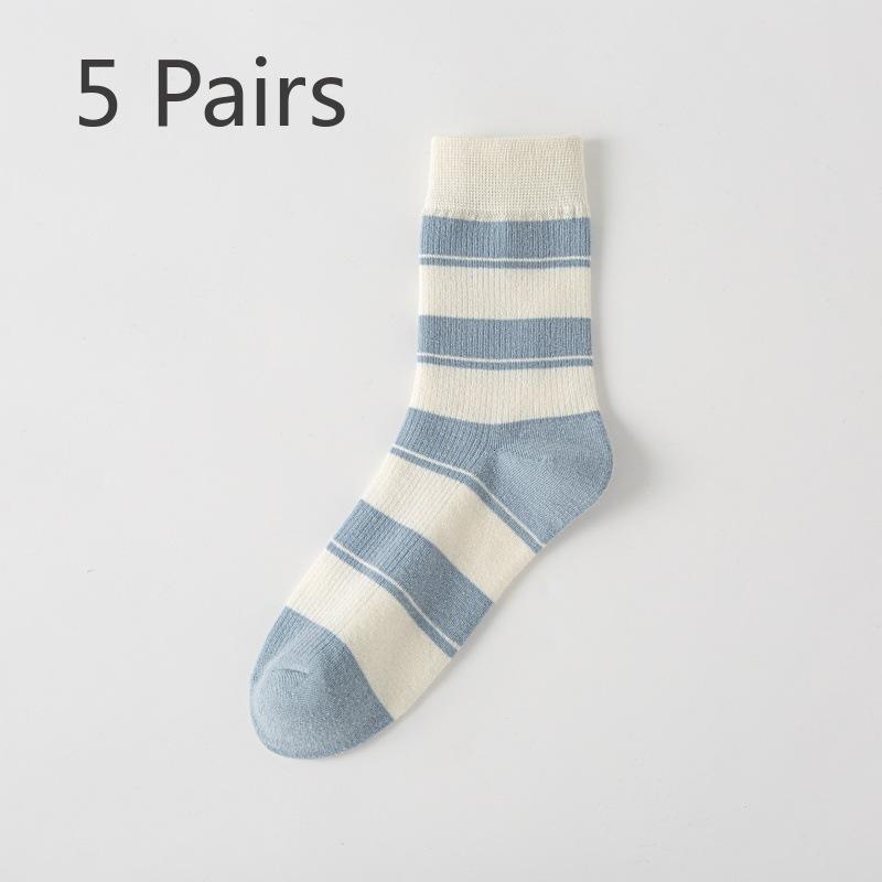 5 Pairs of Women's Autumn and Winter Trendy and Versatile Casual Cotton Striped Mid Calf Boneless Pile Socks