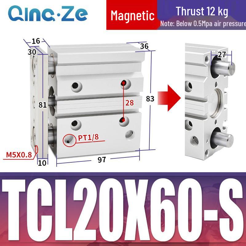 Kompaktowy pneumatyczny wielotłoczkowy cylinder trójosiowy TCL (12/16/20/10-100S)