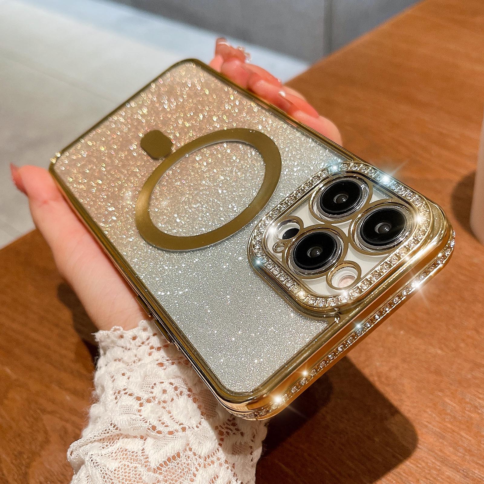 

Роскошный чехол для телефона Magsafe с магнитной зарядкой и бриллиантами для iPhone 11 12 13 14 Pro Max Plus, прозрачный блестящий чехол со вспышкой, капа For iPhone 14 Pro золотой