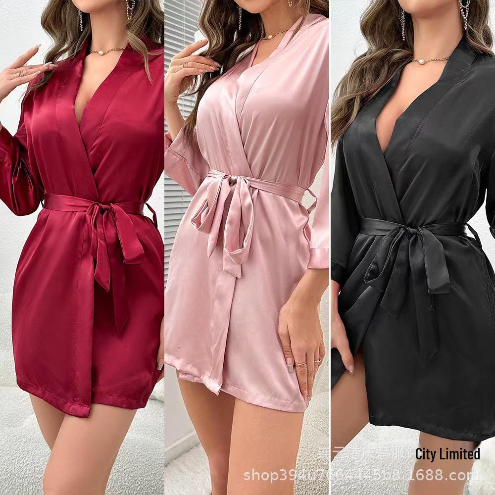 Cross-border Women's Tie-up Bathrobe: Sexy, Comfortable Ice Silk-like Nightgown & Morning Robe