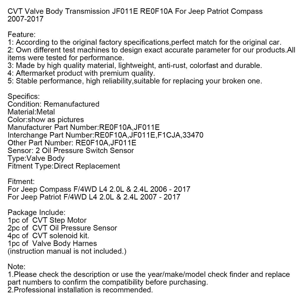 CVT Valve Body Transmission JF011E RE0F10A For Jeep Patriot Compass 2007-2017