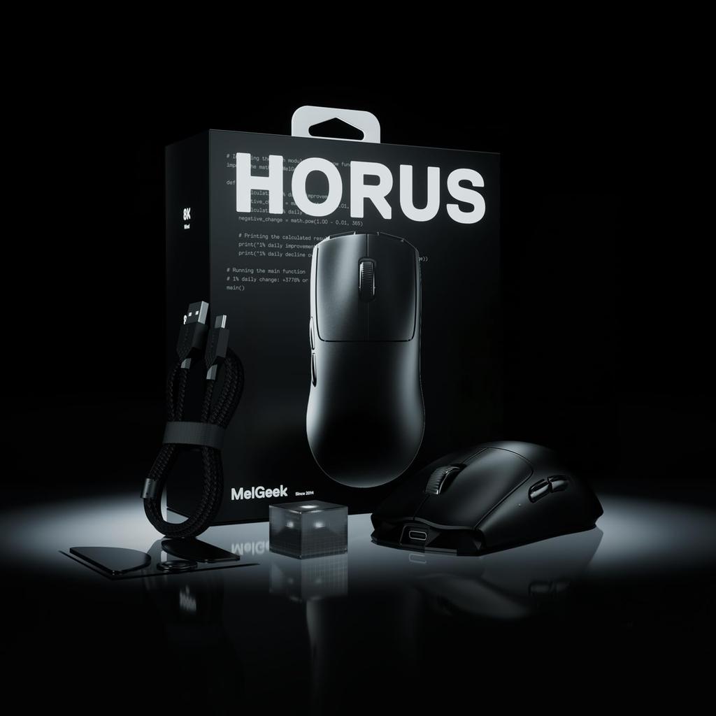 MelGeek Horus Lightweight Wireless Gaming 8K 30K DPI 215 Hours Battery with Lighted Suitable for Medium and Large Hands Black Mouse, 49g, Polling,