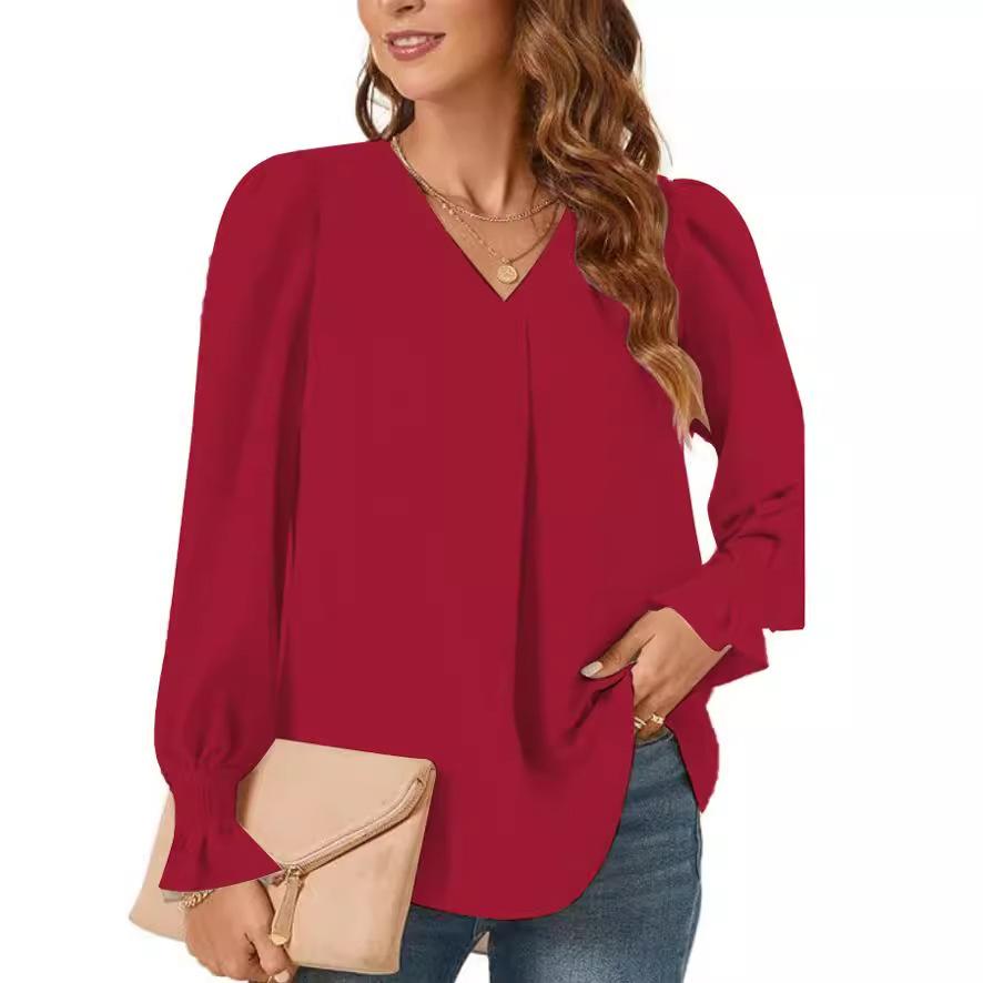 V-neck Pullover Shirt for Women Solid Long Sleeve Ruffled Loose Shirt Casual Fashion Elegant Work Long Sleeve Breathable Lightweight Soft Top