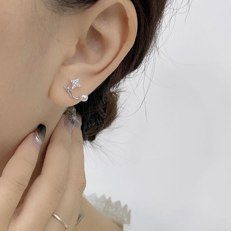 Super Fairy Four-pointed Star Pearl Earrings Star Earrings Sweet Niche Design Earrings for Women