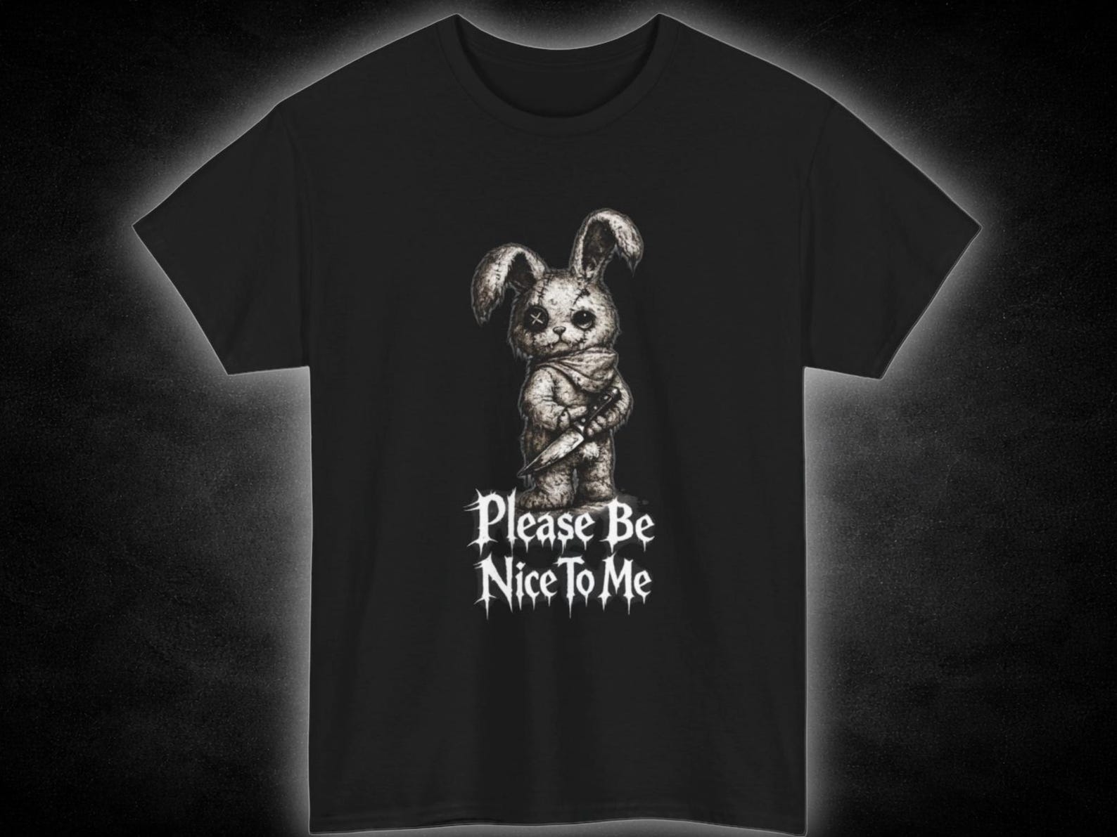 Horror Bunny Illustration Please Be Nice To Me T-Shirt | Cute Goth Graphic Tee 3XL