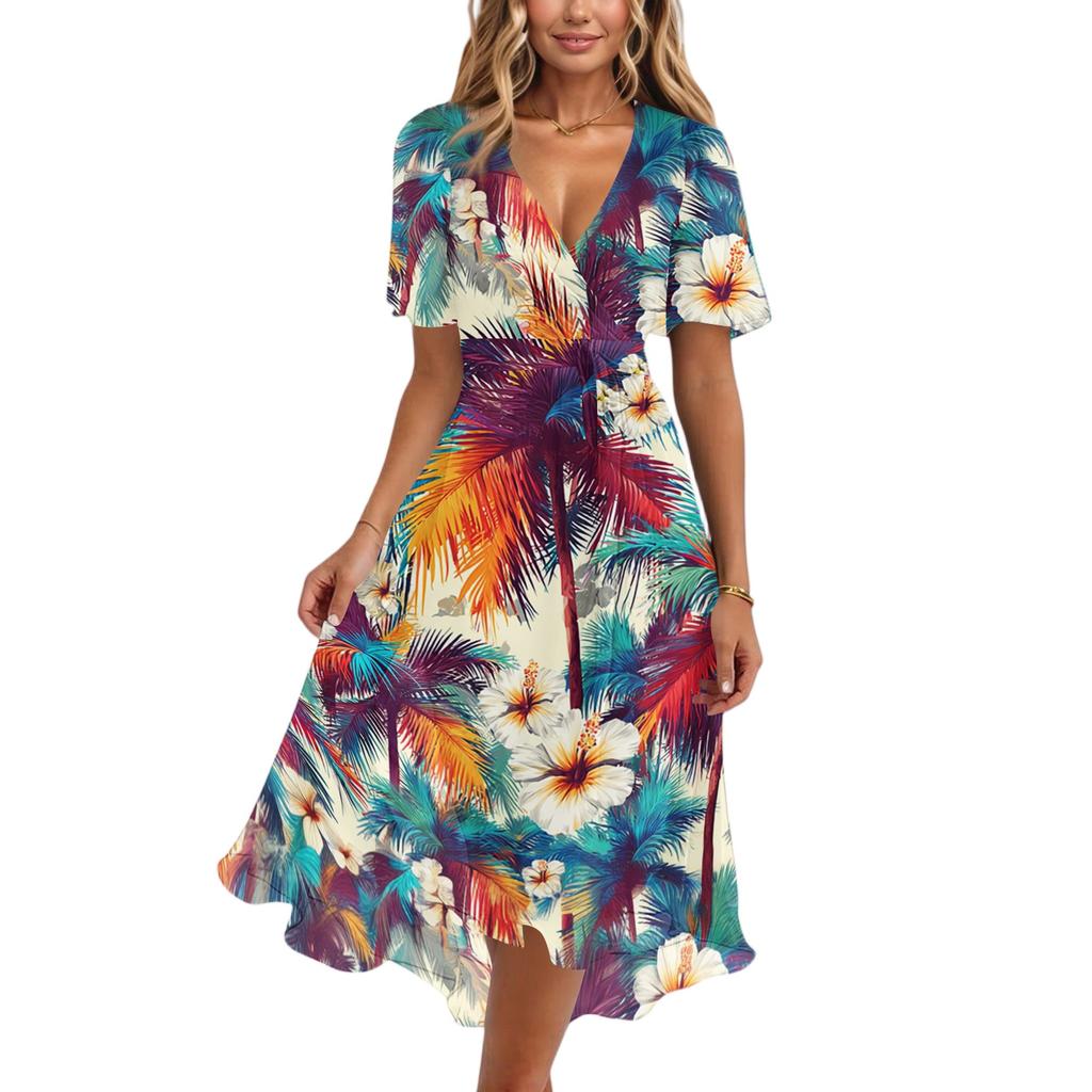 Women's Fashion Casual V Neck Short Sleeve Ruffled Vintage Printed Dresses