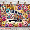 2D Groovy Hippie-Bus Kulisse Retro Blumenmuster Studio Fotografie Hintergrund