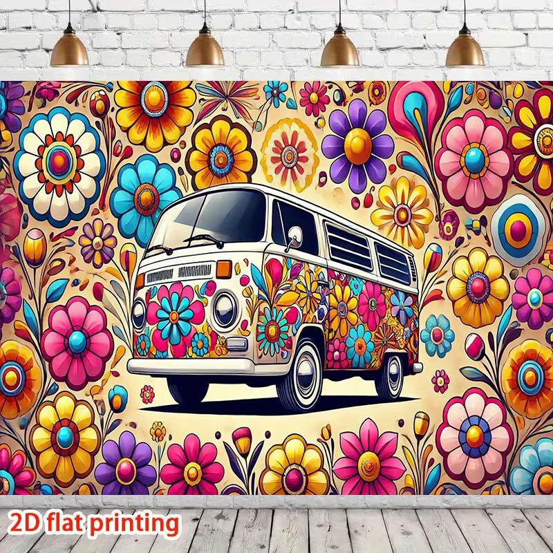2D Groovy Hippie-Bus Kulisse Retro Blumenmuster Studio Fotografie Hintergrund