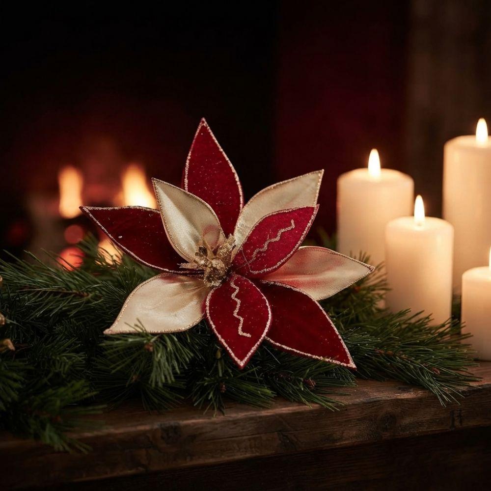 Velvet Texture Artificial Christmas Flower Glitter Edge Xmas Floral Decor  Tabletop Display