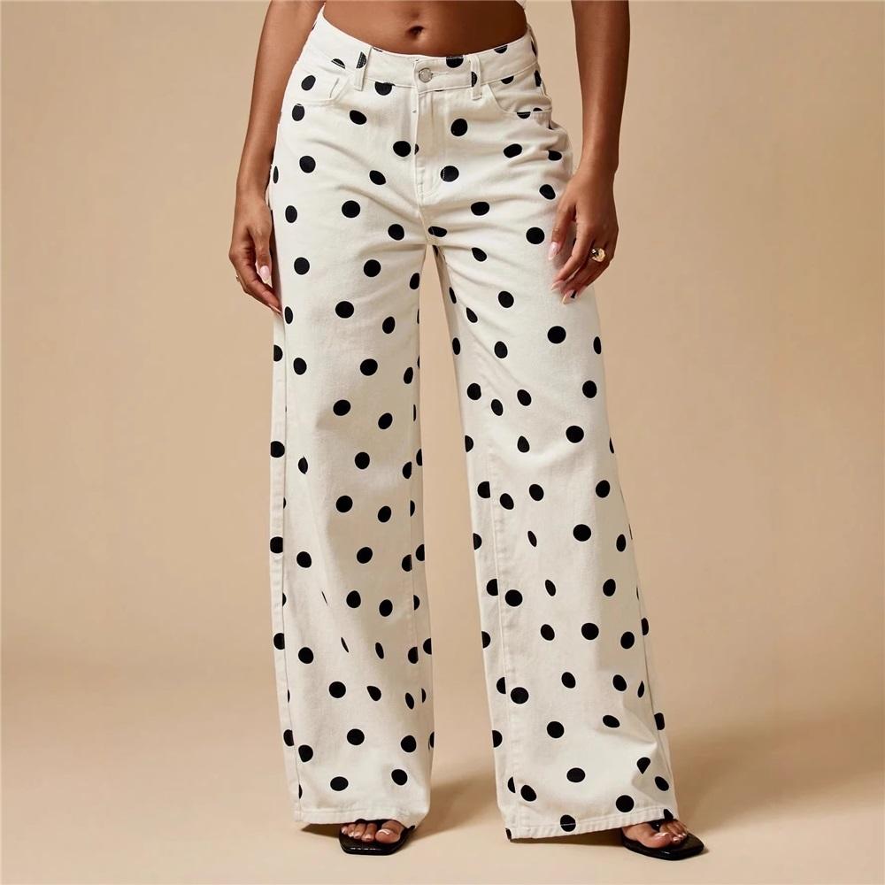 Modische Damen Jeans-Hose mit Polka-Dot-Muster, locker, lässig, mittlere Taille L weiß