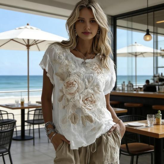Women Tops Round Neck Short Sleeve Retro Floral Art Print Pullover Tops Loose Fit Soft Fabric Casual Summer Shirt