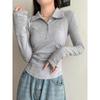 Kumikumi New Arrival Graceful Gray Polo Collar Long Sleeves T-shirt Women Autumn All-Matching Slim Fit Slim Bottoming Top
