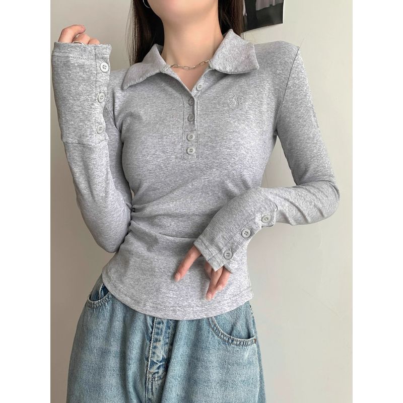 Kumikumi New Arrival Graceful Gray Polo Collar Long Sleeves T-shirt Women Autumn All-Matching Slim Fit Slim Bottoming Top