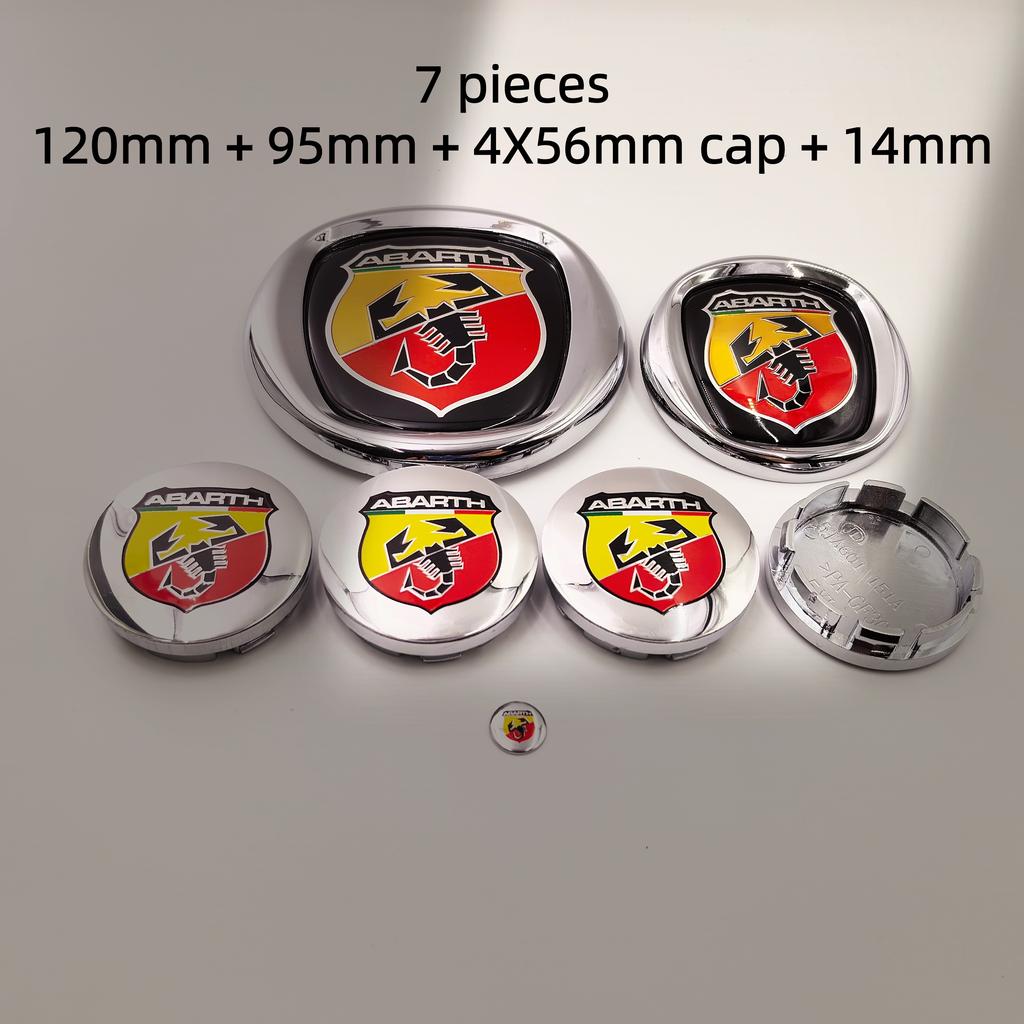 7pcs Fiat Abarth Car Front Hood Bonnet Badge 85/95/100/120mm Rear Trunk Boot Badge 10/12cm Hub Cap Wheel Center Cap 56/60mm