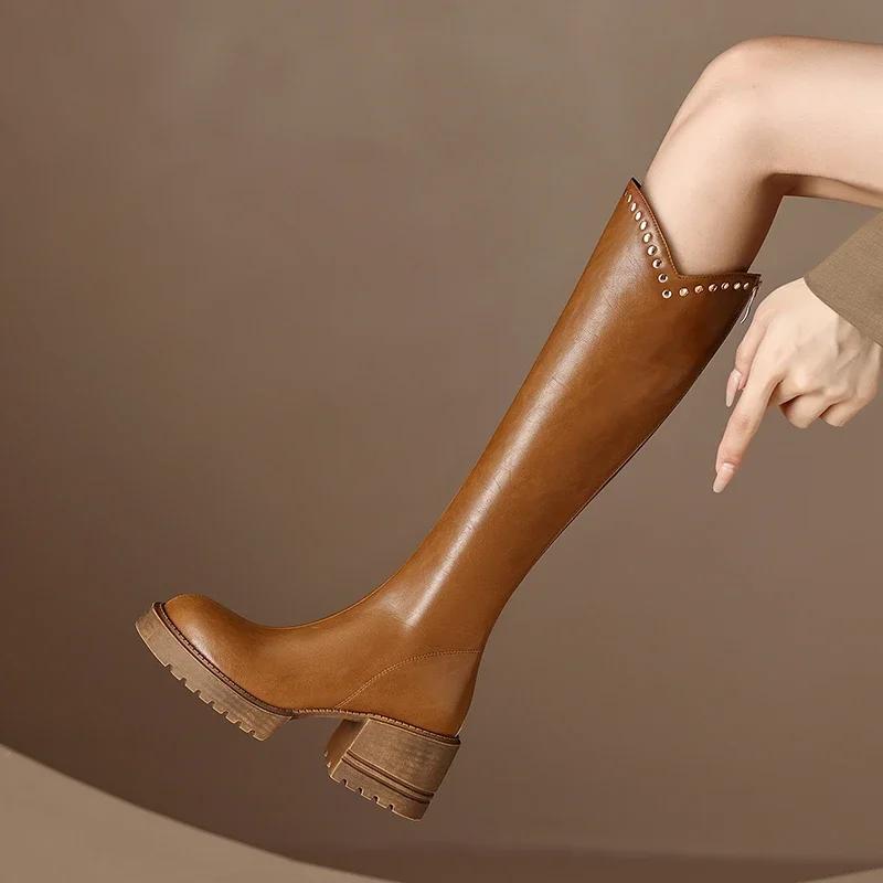 Fashion Women Leather Knee High Riding Boots Round Toe Thick High Heel Zipper Ladies Rivet Long Boot Autumn Winter Shoes