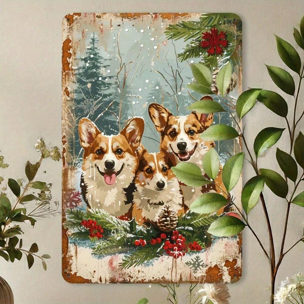Vintage Christmas Corgi Metal Tin Sign Wall Art 20x30cm Home Gym Cafe Decor
