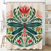 Vintage Botanischer Duschvorhang Grün Libelle Blumenmuster Badezimmerdeko, Rosa Rot Weiß Bunter Druck Wasserdichter Stoff,