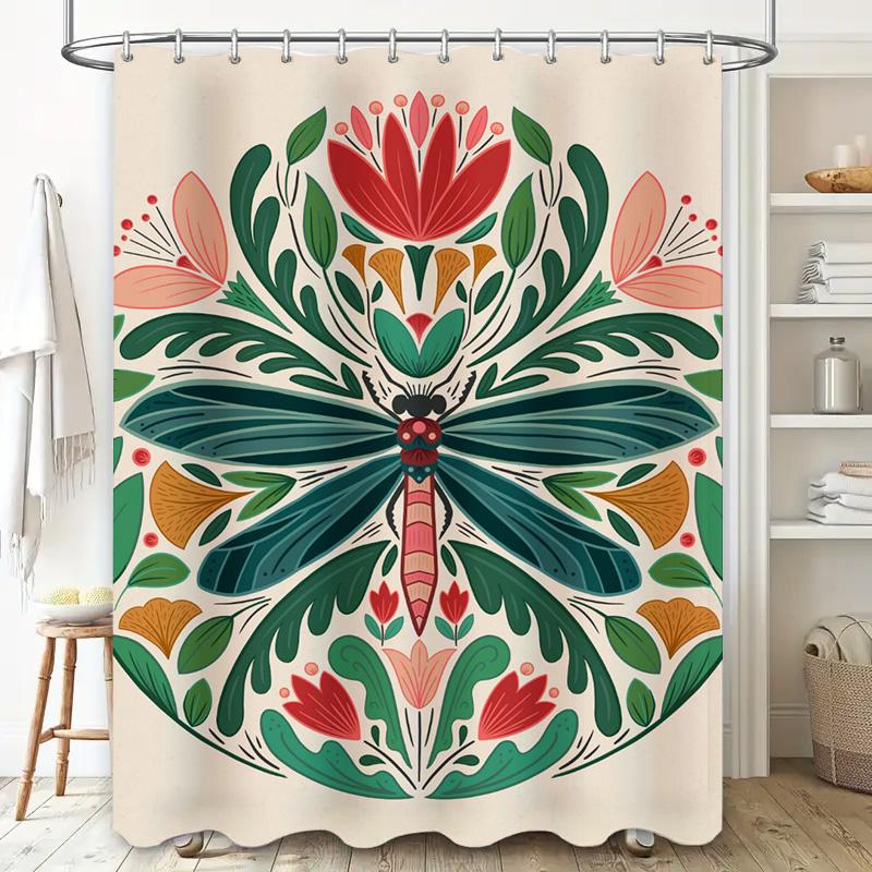 Vintage Botanischer Duschvorhang Grün Libelle Blumenmuster Badezimmerdeko, Rosa Rot Weiß Bunter Druck Wasserdichter Stoff,