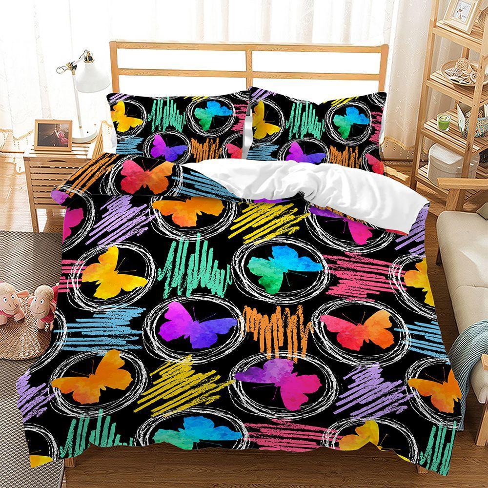 3D Butterfly Bedding Set Bedroom Quilt Cover Pillowcase Double Bed Full Size Bedspread Set Washable Zipper Comfortable Home Decoration