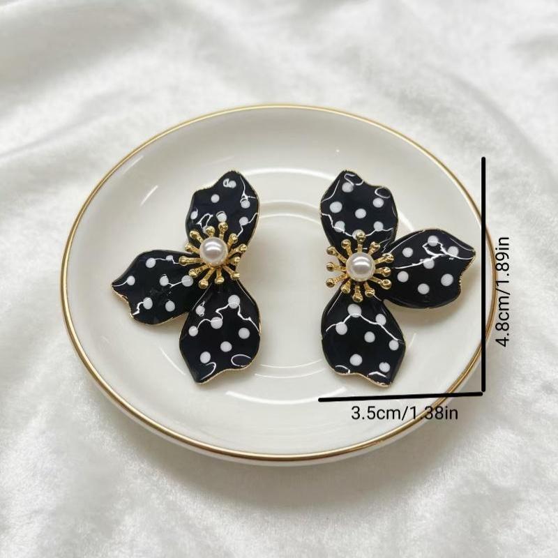 Orange Polka Dot Flower Stud Earrings Faux Pearl Center Gold Edged Sweet Style for Girls Daily Casual Outfits