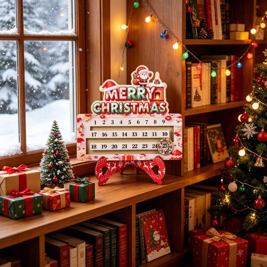 Creative Christmas Gift Wooden Countdown Calendar for Desk, Rustic Holiday Decoration with Reusable Sliding Date Marker, Living Room Fireplace