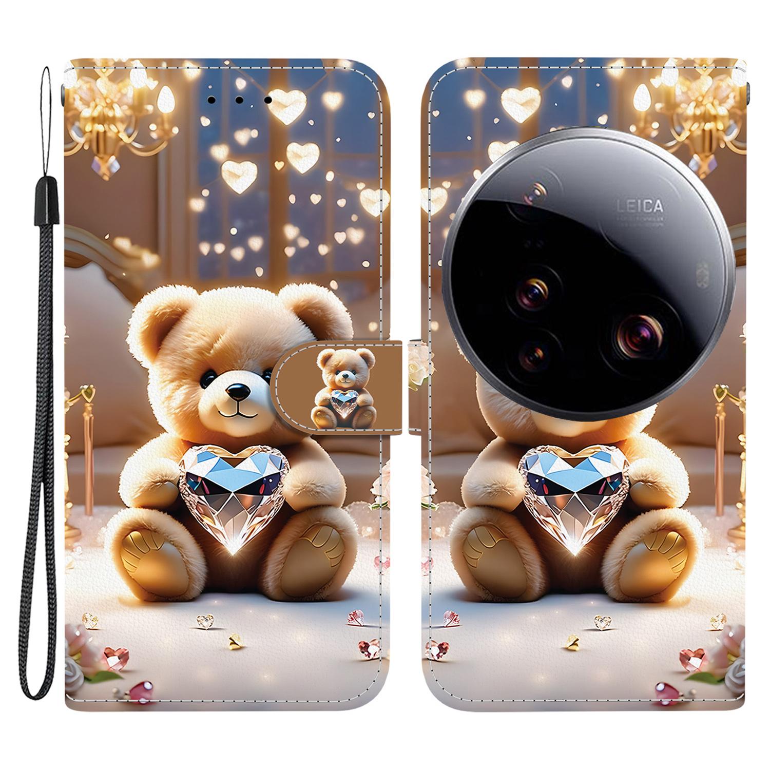 

For Xiaomi 15 Ultra Leather Case Stand Wallet Pattern Printing Phone Cover with Wrist Strap Diamond Bear