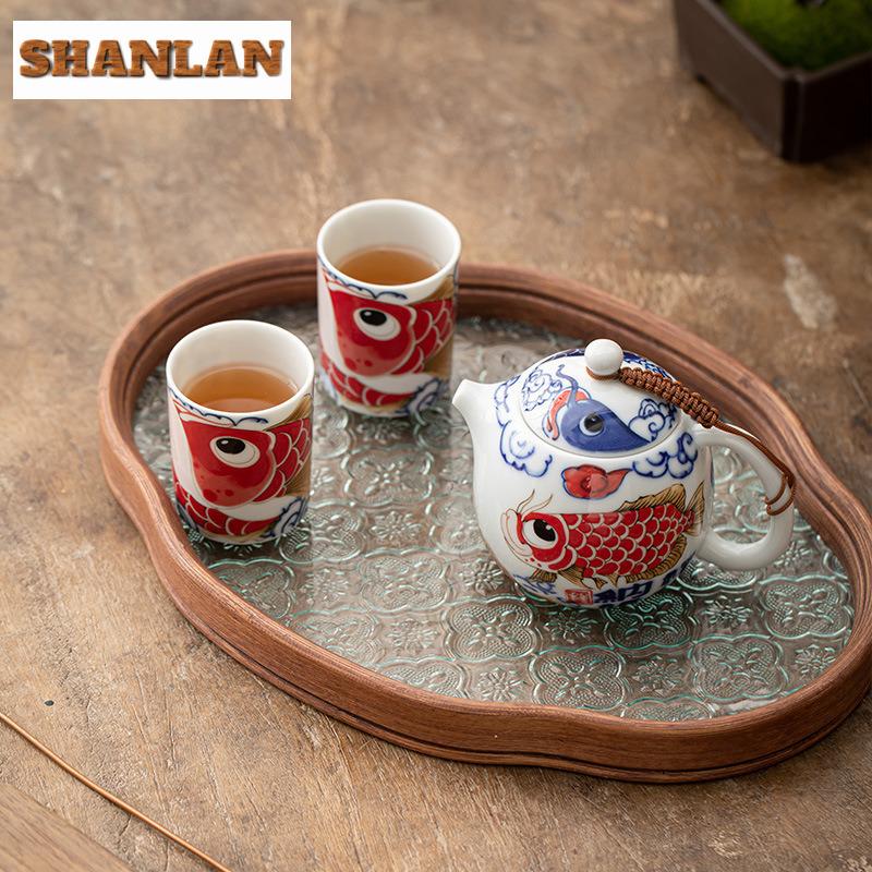 190ml Creative Auspicious Fish Pattern Teapot Small Dragon Egg Pot Tea Set Kit Boutique 1 Pot 2 Cups Tea Maker Organizer Craft