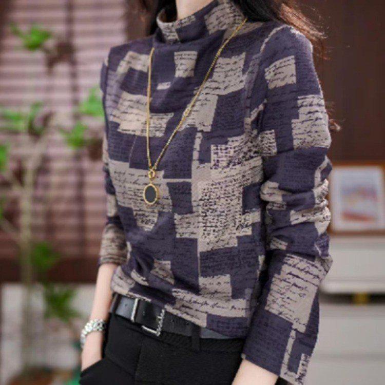 Korean Style Velvet Print Long Sleeve Tummy-Concealing Sweater - Fashionable, Age-Reducing, and Warm Mother's Outfit
