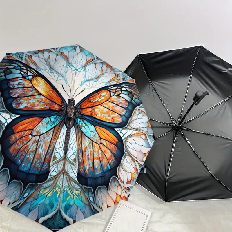 1pc Butterfly Stained Glass Mandala Umbrella with Plastic Handle,Suitable for All Seasons Home Travel Outdoor UmbrellaDD167