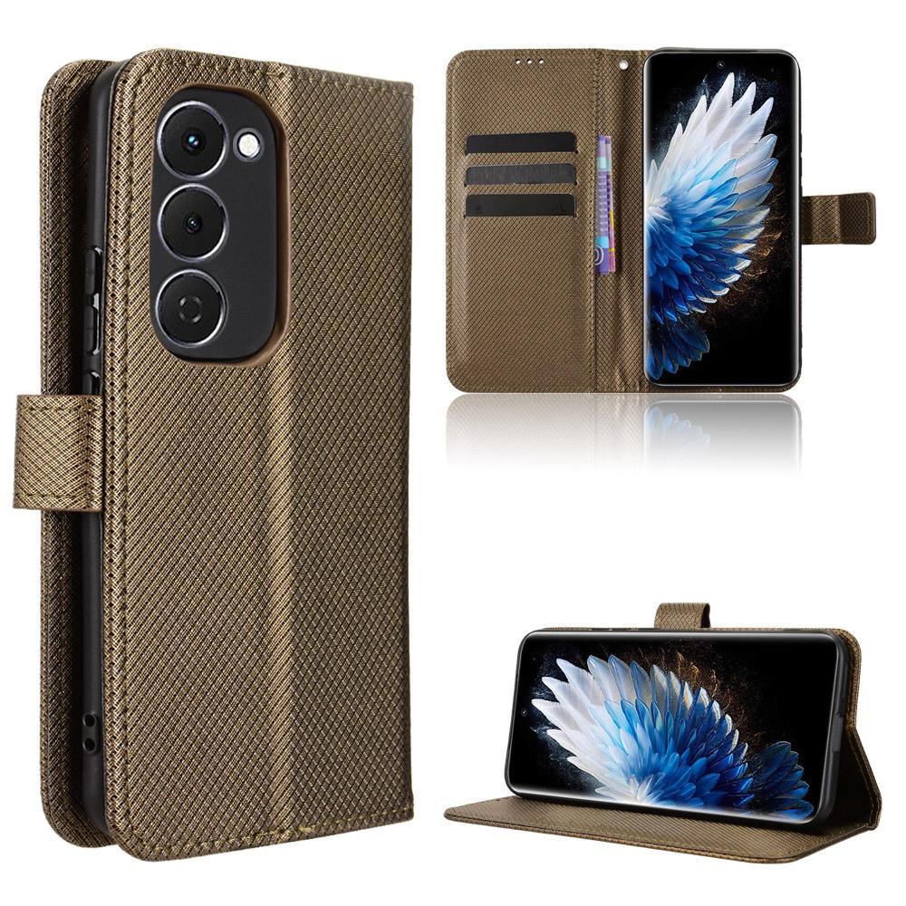 

For TECNO Spark 40 Pro+ 4G Leather Wallet Case with Strap Diamond Texture Phone Cover Brown