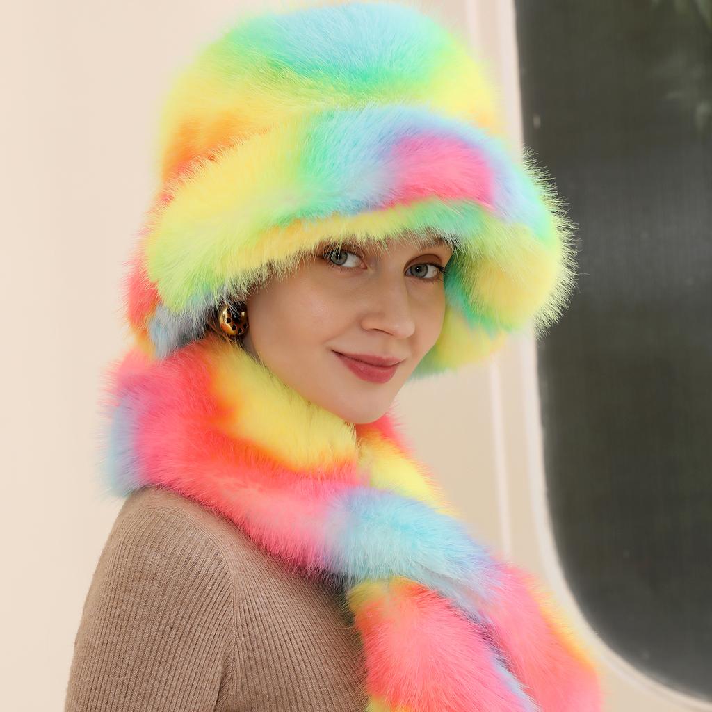 Fashion Thick Winter Warm Custom Dyed Long Faux Fur Hat Scarf for Women Bucket Hat and Scarf Set for Lady