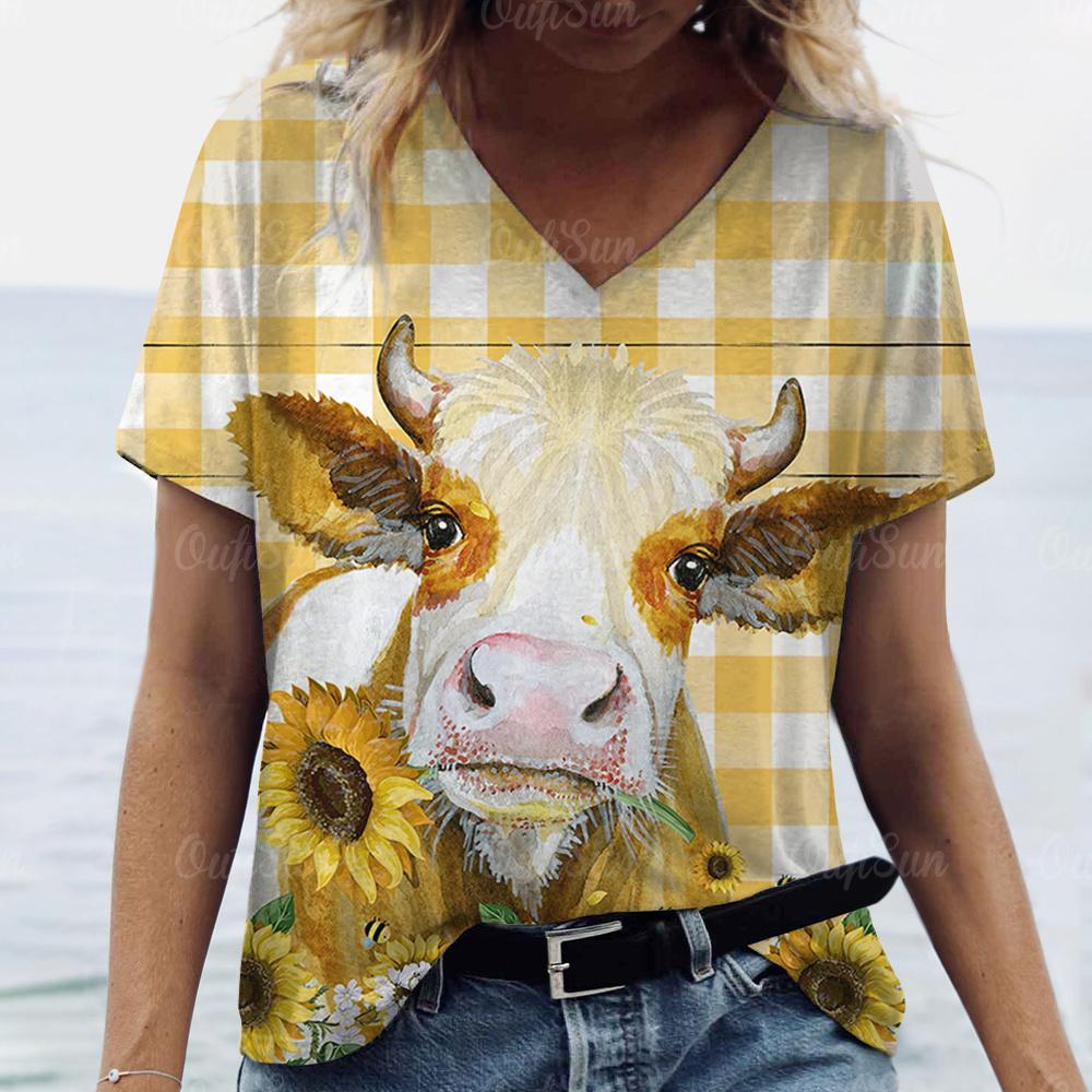 Sommer T-skjorte for kvinner Y2k-stil kortermede topper Anime Cow Print Dameklær Dame Løs bluse V-hals Mote Streetwear