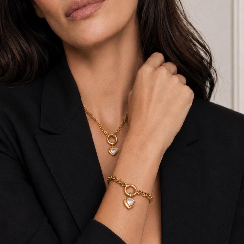 18K Gold Plated Stainless Steel Heart Zircon Bracelet Necklace for Women