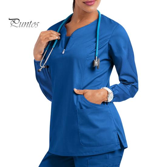 

Топ-униформа медсестры с 4 карманами, застежкой-молнией, полузастежкой, длинными рукавами, боковыми разрезами, свободным кроем, рабочая одежда для медсестры M синий