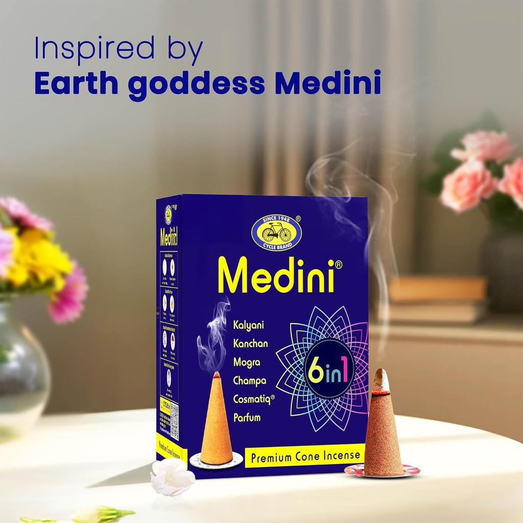 Cycle Pure Medini 6 In 1 Premium Cone Incense 60N Charcoal-Free Natural Fragrance With Free Holder Pack of 1